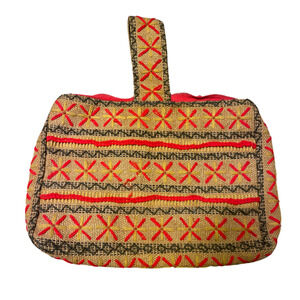 Vintage 70s Embroidered Burlap Handbag 1970s Woven Purse Boho Shoulder Bag